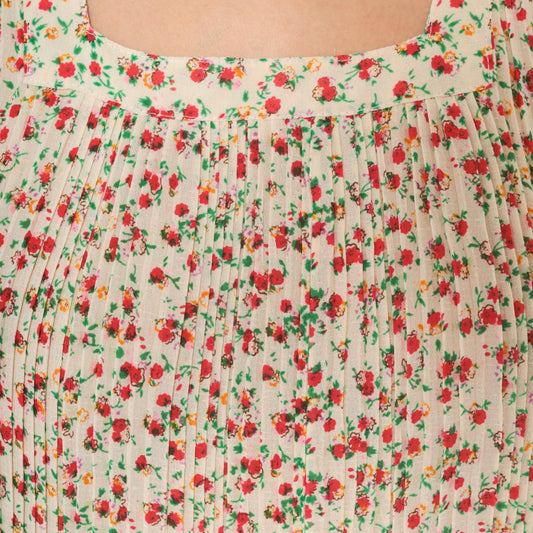 70s Ditsy Floral Shift Dress Cream Red Sleeveless Knee-Length Medium