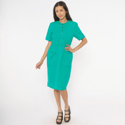 80s Teal Shirtdress Knee-Length Button Front Elastic Waist Small