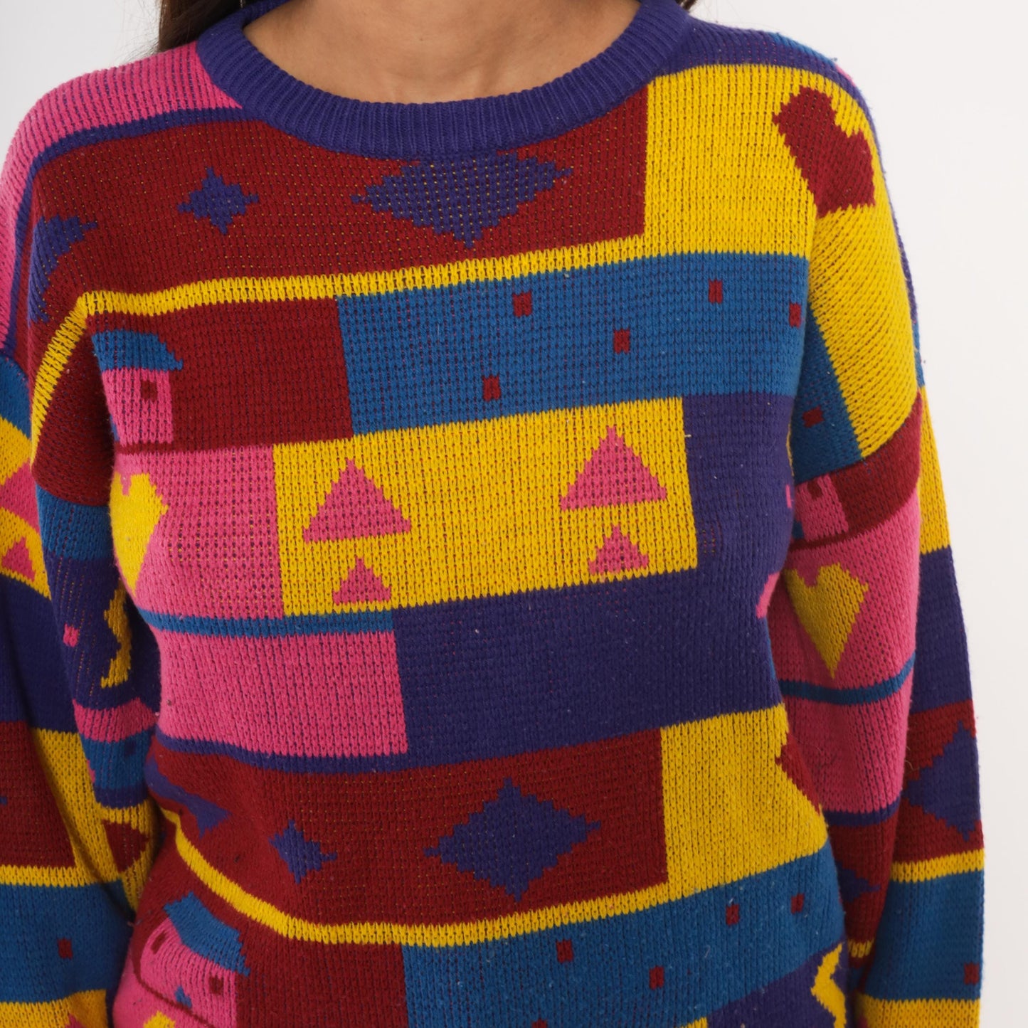 90s Chateau Geometric Colorblock Knit Sweater Purple Pink Yellow Small S
