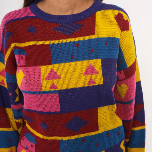 90s Chateau Geometric Colorblock Knit Sweater Purple Pink Yellow Small S