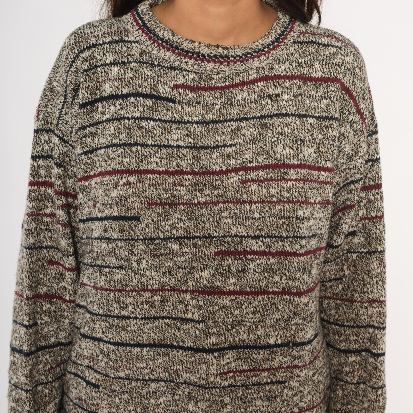80s Bill Blass Marled Knit Striped Crewneck Pullover Burgundy Navy Grey Unisex Small