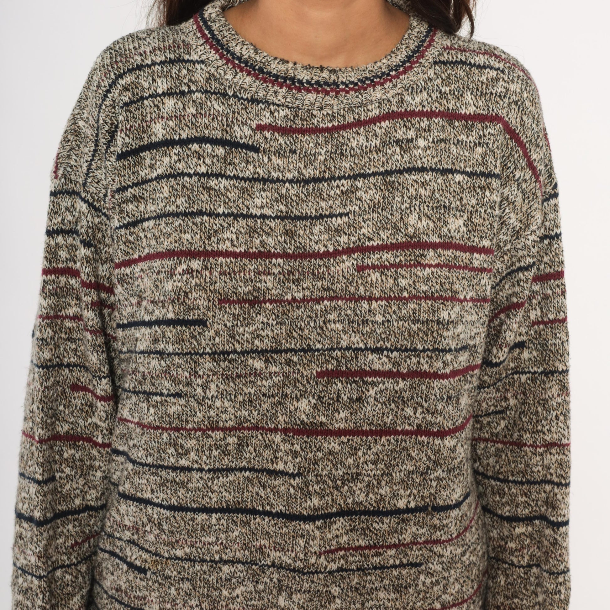 80s Bill Blass Marled Knit Striped Crewneck Pullover Burgundy Navy Grey Unisex Small