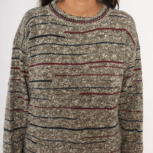 80s Bill Blass Marled Knit Striped Crewneck Pullover Burgundy Navy Grey Unisex Small