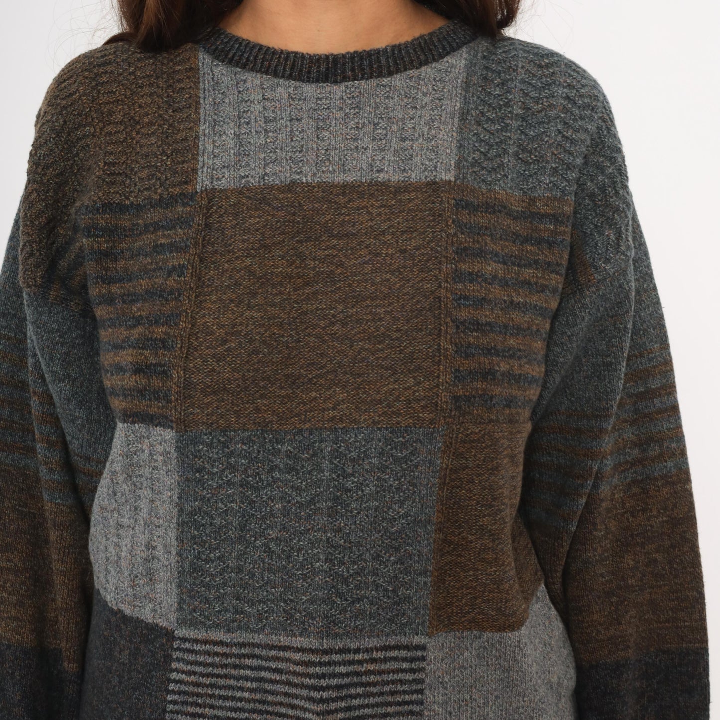90s Bill Blass Patchwork Knit Sweater Brown Charcoal Colorblock Medium M