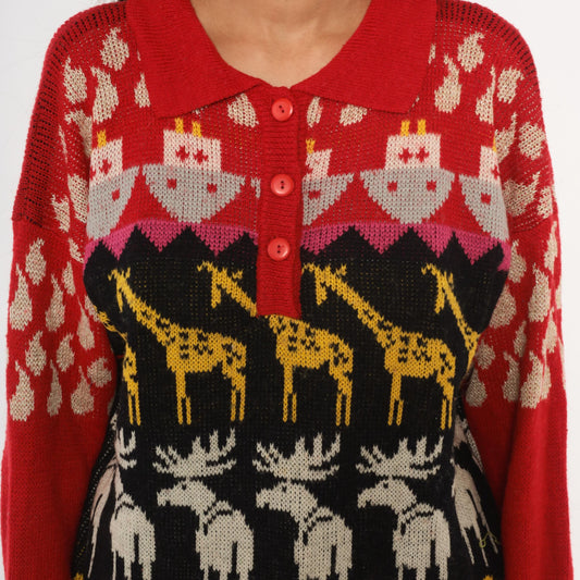 90s Animal Intarsia Knit Sweater Red Black Giraffe Moose Duck Collared Henley Medium M