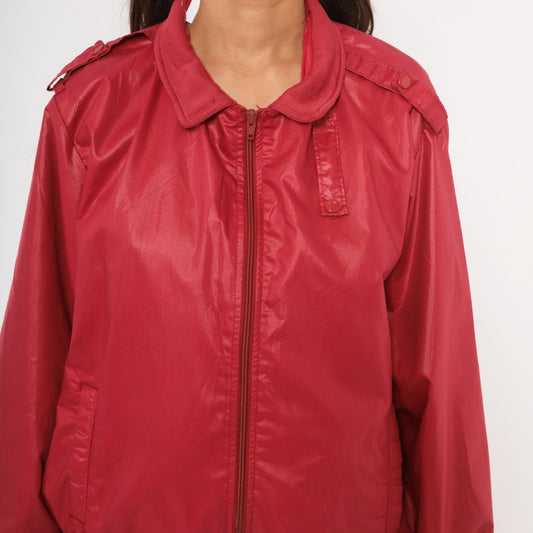 80s Raspberry Bomber Jacket Four Seasons Zip Front Windbreaker Shoulder Tabs Large L