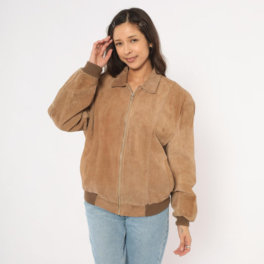 80s Tan Suede Bomber Jacket Zip Front Pointed Collar Ribbed Cuff Medium