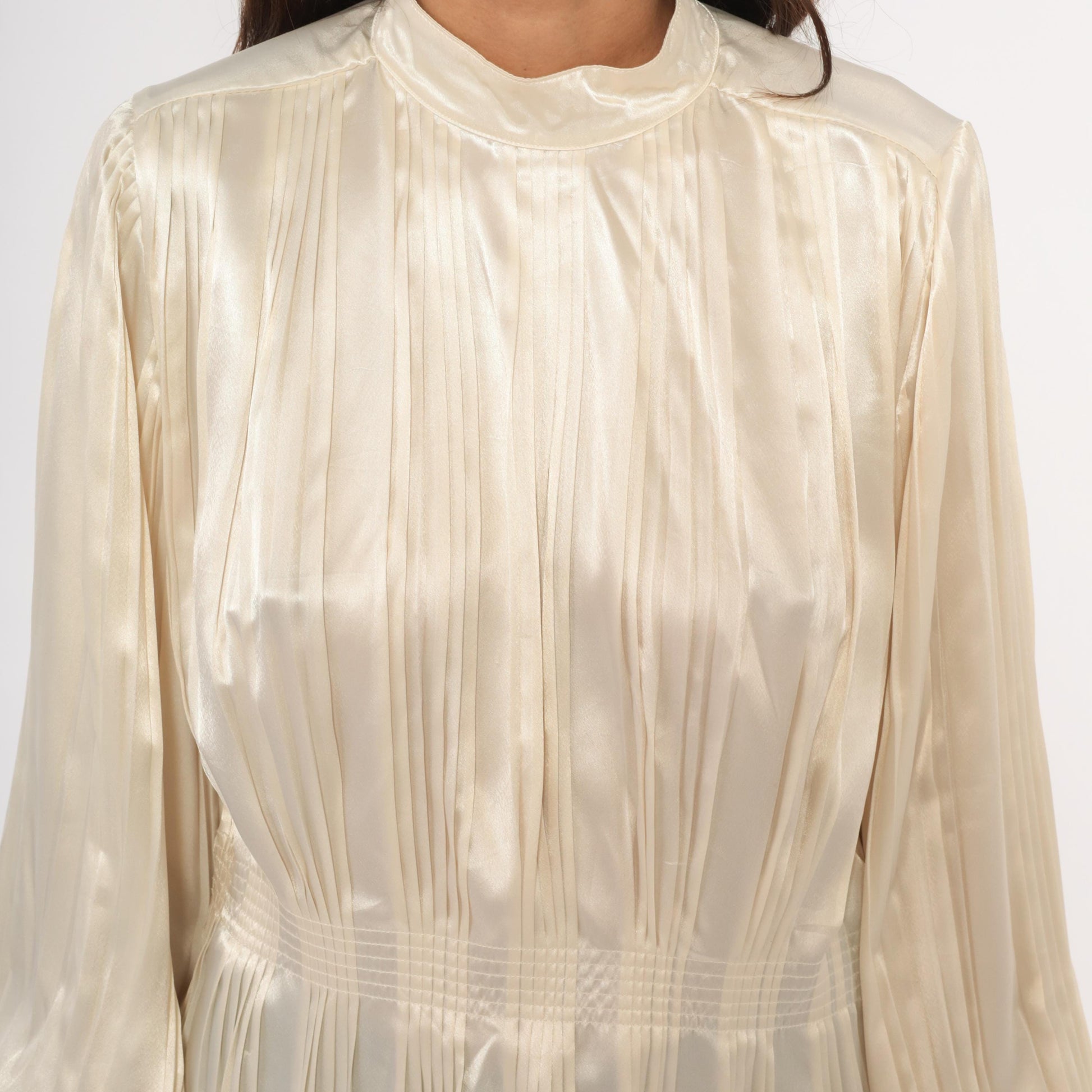 80s Nilani Ivory Satin Blouse Peplum High Neck Bishop Sleeve Small
