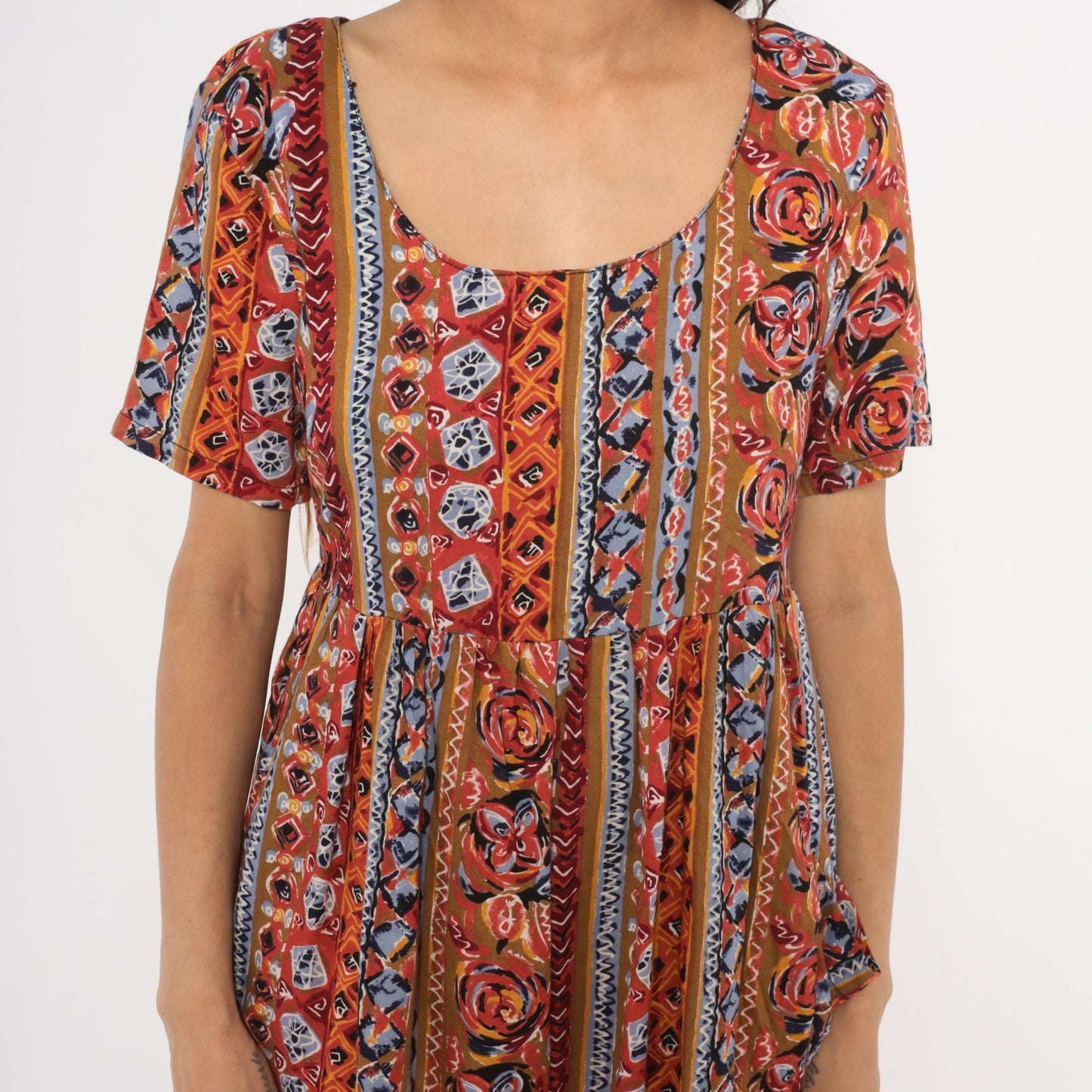 90s Pellini Babydoll Mini Dress Tribal Floral Stripe Rust Blue Small