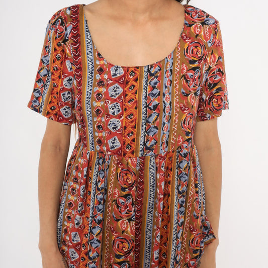 90s Pellini Babydoll Mini Dress Tribal Floral Stripe Rust Blue Small