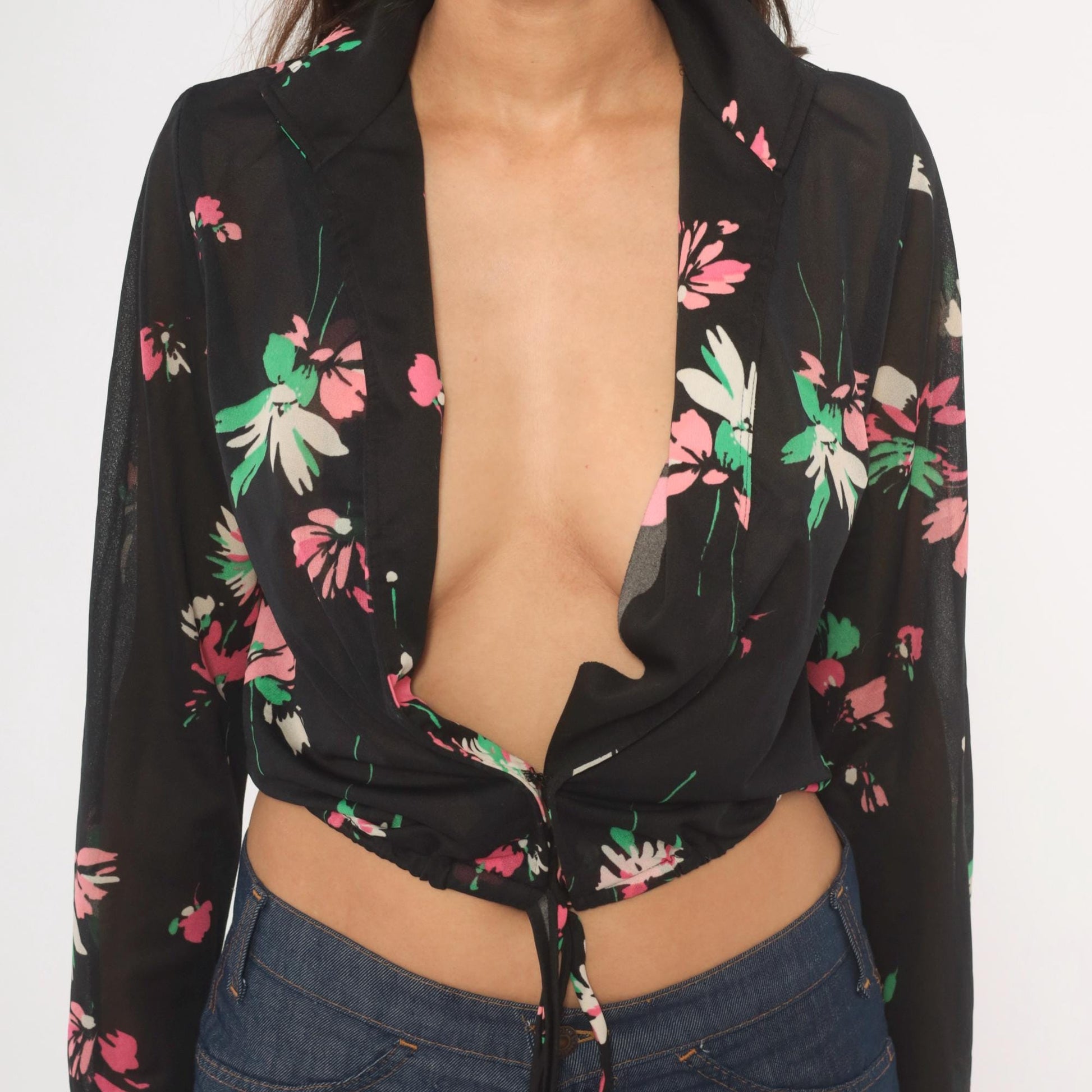 70s Black Floral Tie-Front Blouse Deep V-Neck Long Sleeve Medium M