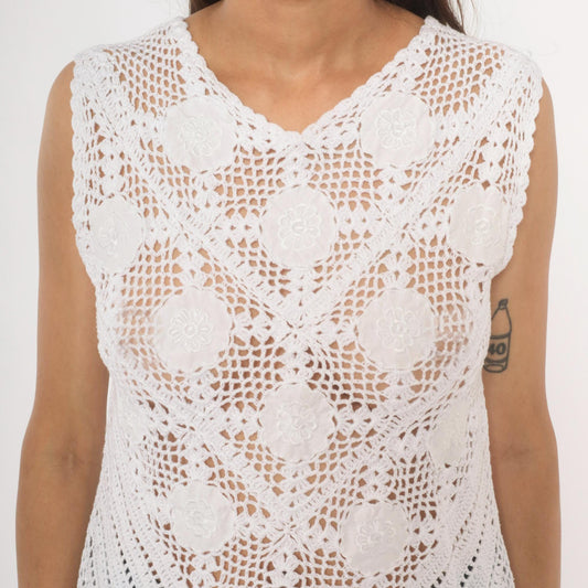 90s White Crochet Lace Tank Top Floral Medallion V-Neck Cotton Small