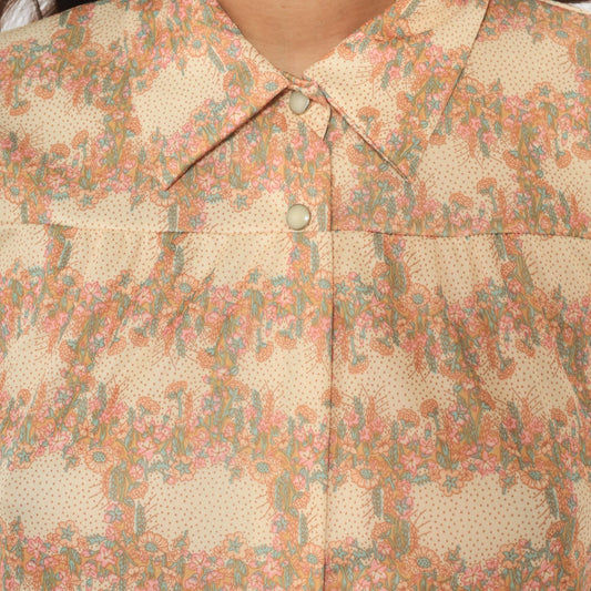 70s Floral Cream Tan Shirt Dress Snap Front Long Sleeve Knee-Length Medium M