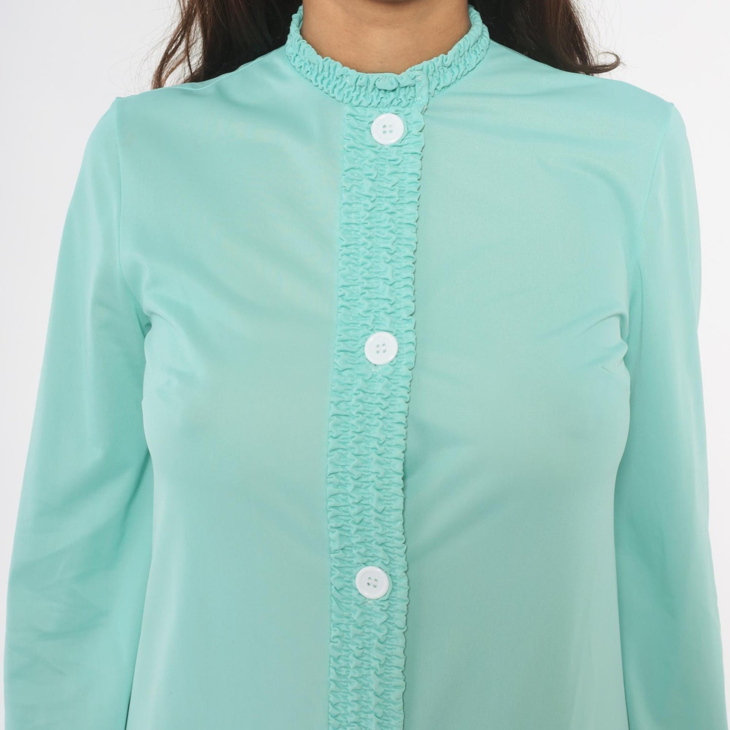 70s Loungewear by Gossard Mint Maxi Housecoat Smocked Ruffle Small