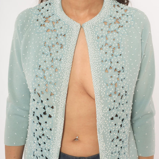 80s Miss Boutique Baby Blue Beaded Cardigan Cutwork Floral Knit Small