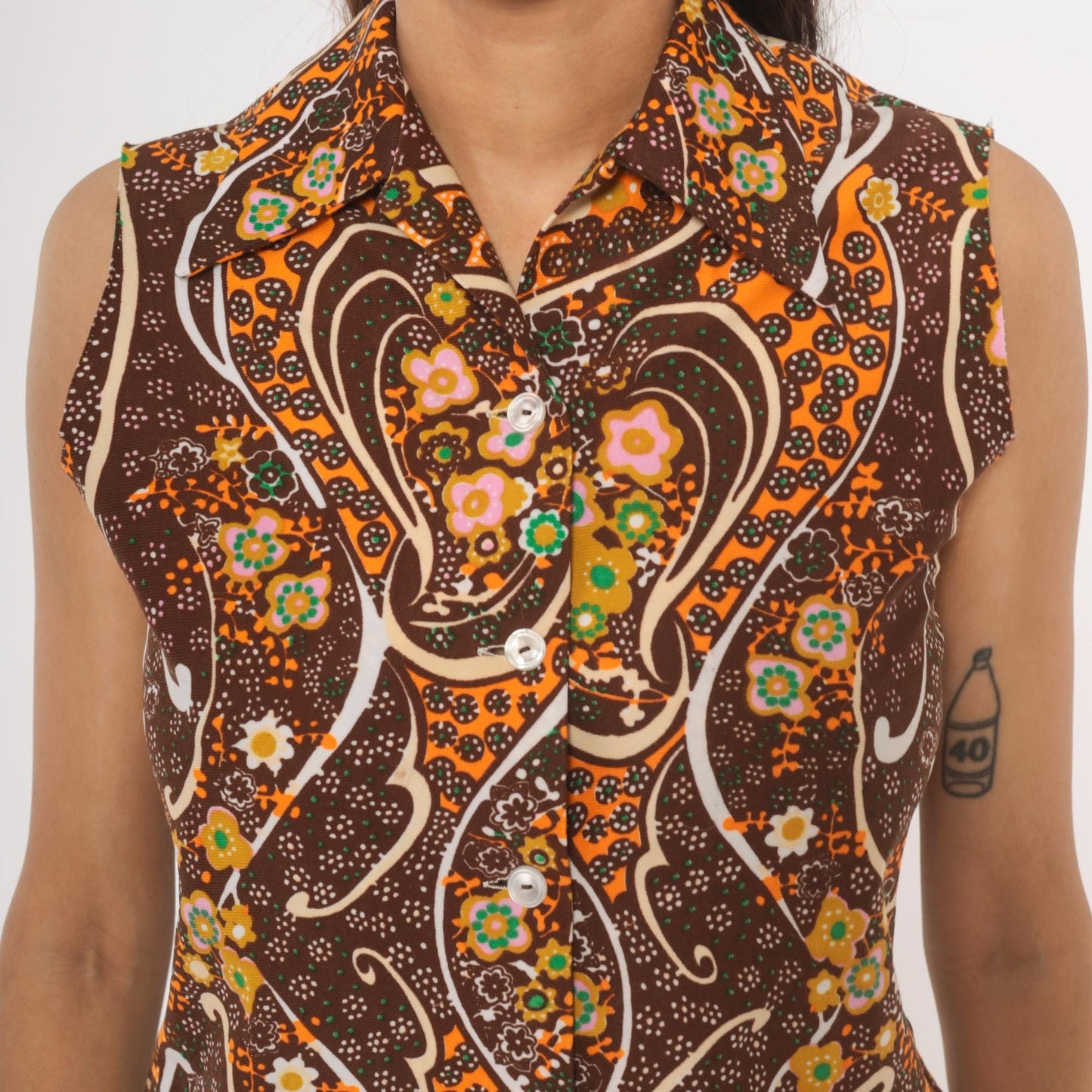70s Psychedelic Paisley Sleeveless Blouse Brown Orange Floral Swirl Medium M