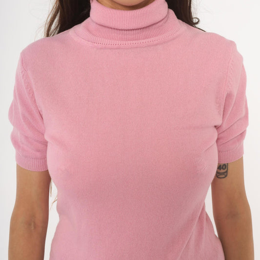 2000s Donna Gray Cashmere Turtleneck Pullover Pink Short Sleeve Small S