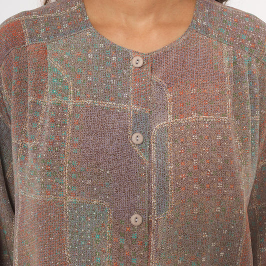 90s Patchwork Print Button-Front Blouse Grey Purple Geometric Large L