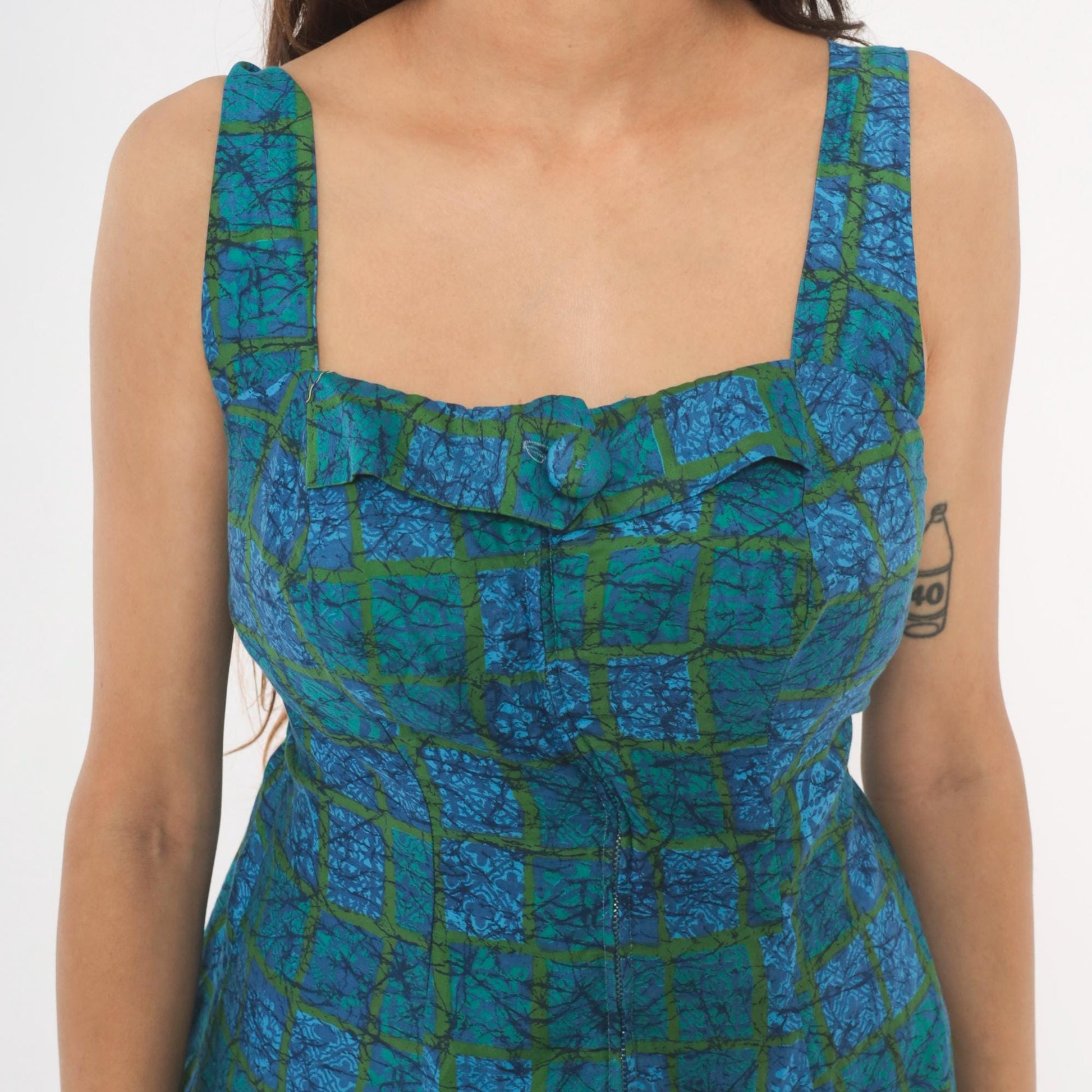 1950s Blue Batik Mini Dress Square Neck Ruffle Cotton Blend Small S