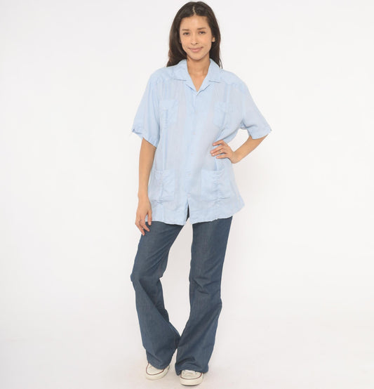 90s Cubavera Powder Blue Linen Camp Collar Shirt Medium M