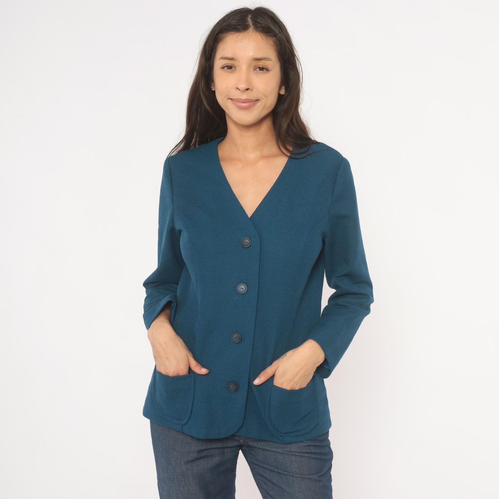 70s Navy Blazer V-Neck Collarless Button-Front Jacket Patch Pockets Small