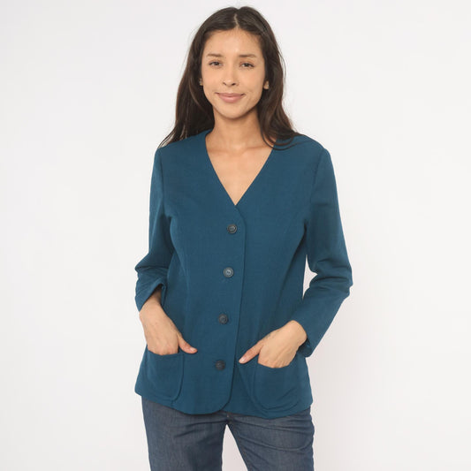 70s Navy Blazer V-Neck Collarless Button-Front Jacket Patch Pockets Small