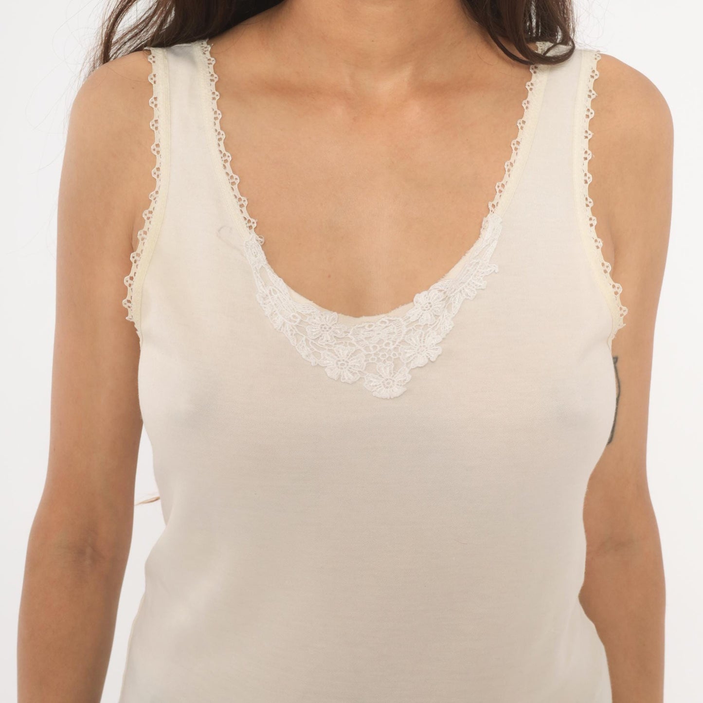 80s Ivory Camisole Lace Trim Scoop Neck Tank Top Small S