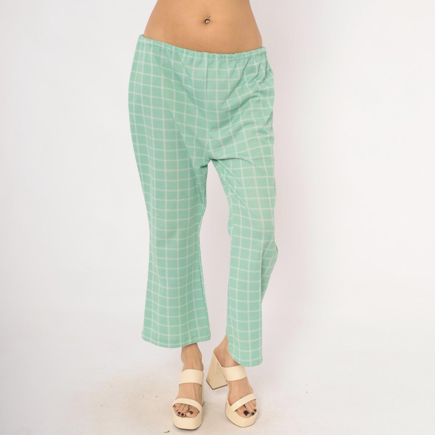 70s Mint Plaid Kick Flare Pants White Windowpane Grid Cropped Medium Large