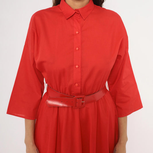80s The American Shirt Dress Red Midi Button-Front Belted Waist Medium M