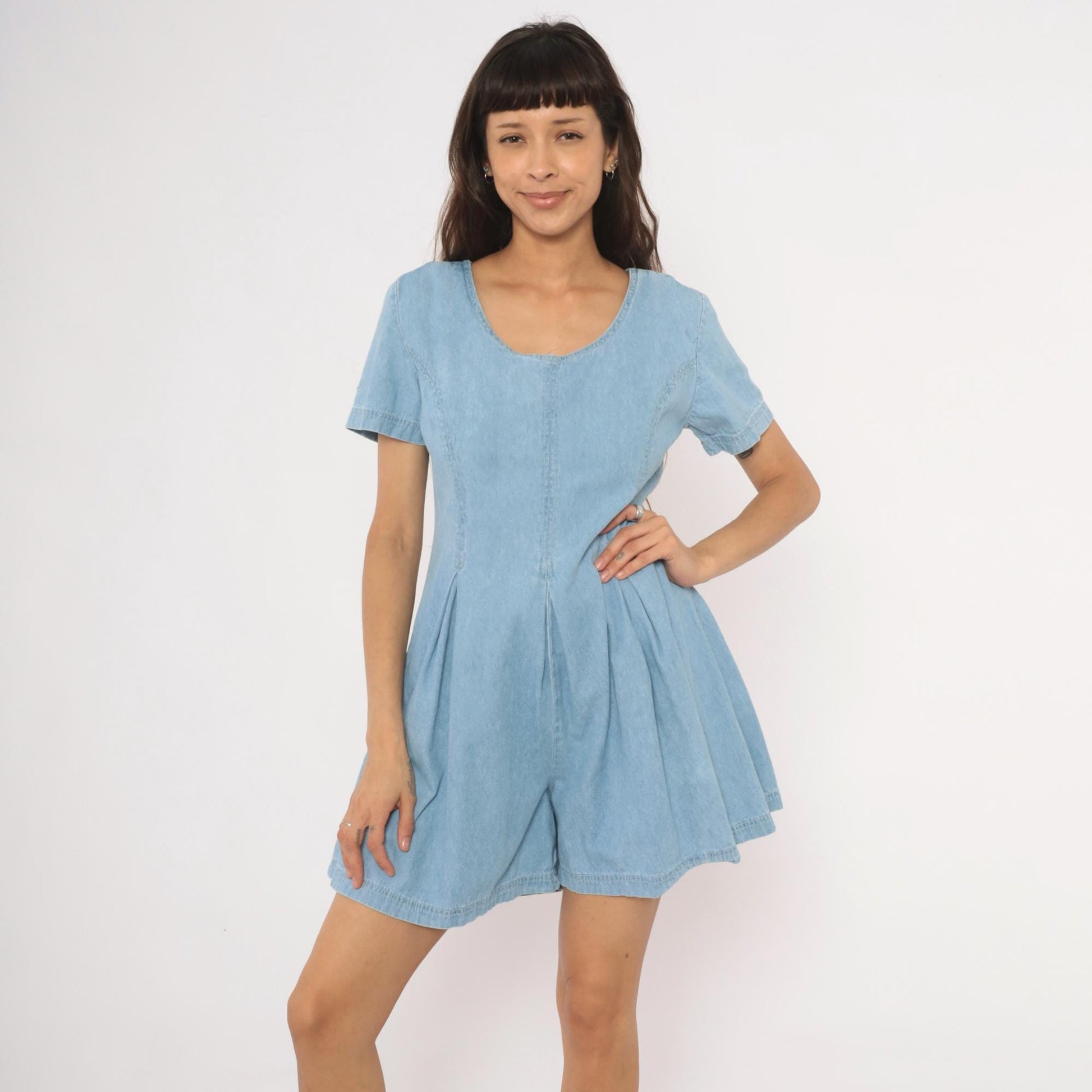90s Styleworks Denim Romper Light Blue Scoop Neck Pleated Waist Medium M