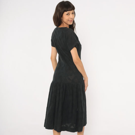 90s Black Cotton Midi Dress Button Front V Neck Drop Waist Small S