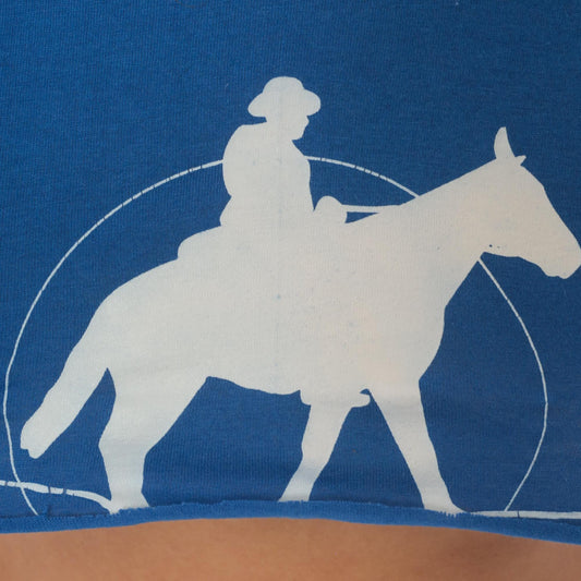 90s Fruit of the Loom Cowboy Horse Graphic Crop Tee Royal Blue Small