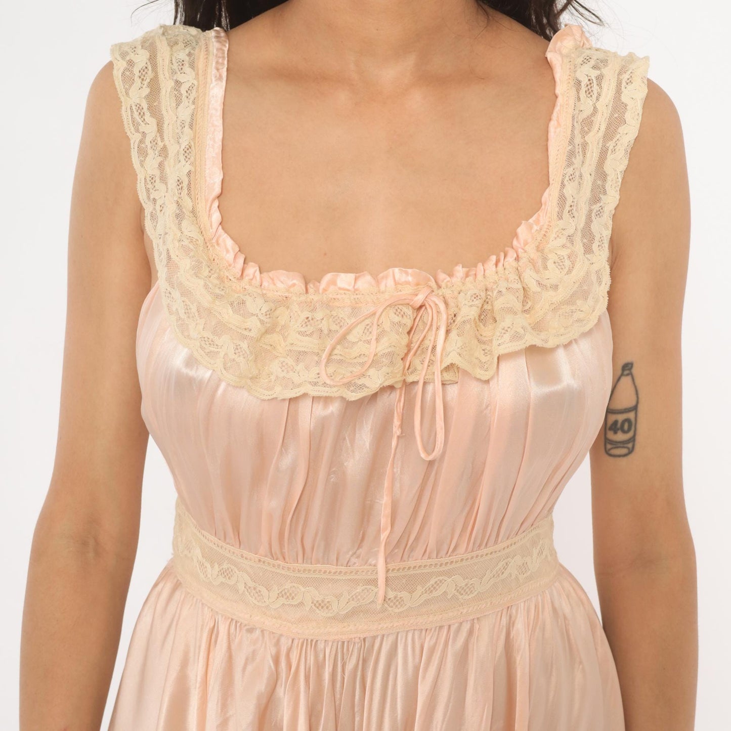 1940s Blush Pink Silk Satin Nightgown Lace Trim Ribbon Tie Small S