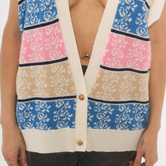 80s Floral Striped Sweater Vest V-Neck Knit Rose Print Blue Pink Cream Large