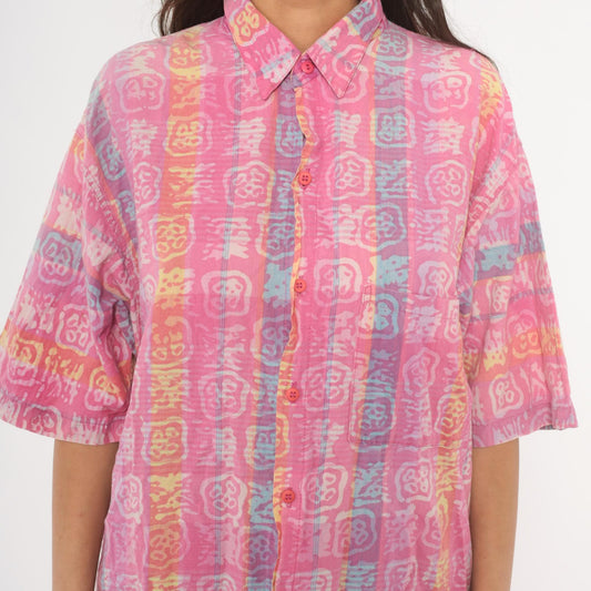 90s Body Objects Batik Print Button-Up Shirt Pink Multicolor Abstract Large L