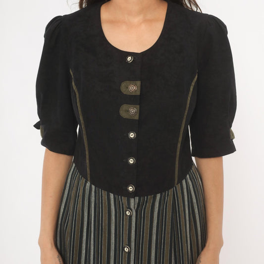 90s Folk Line Dirndl Dress Black Olive Striped Midi Puff Sleeve Extra Large