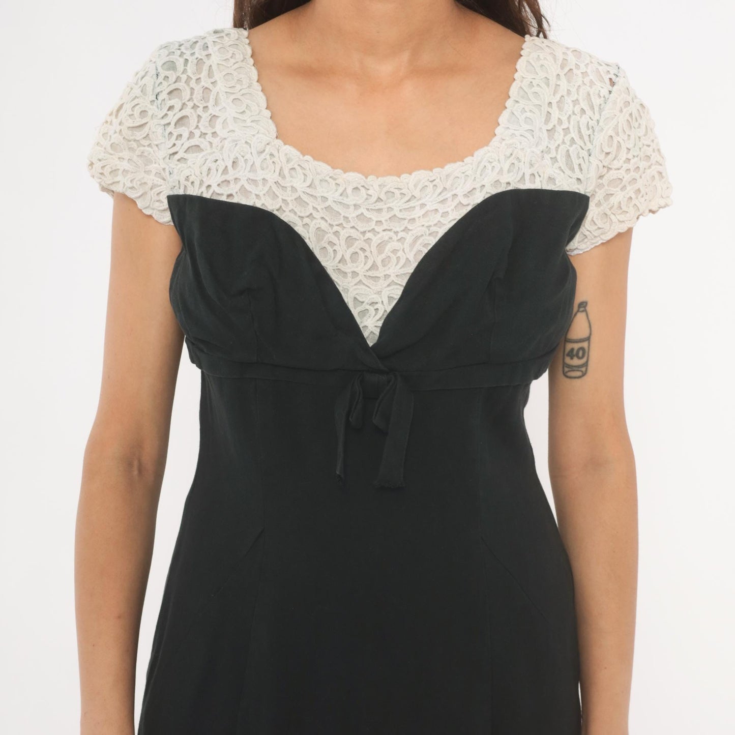 60s Black Crochet Lace Dress White Yoke Sweetheart Neckline Bow Empire Waist Medium M