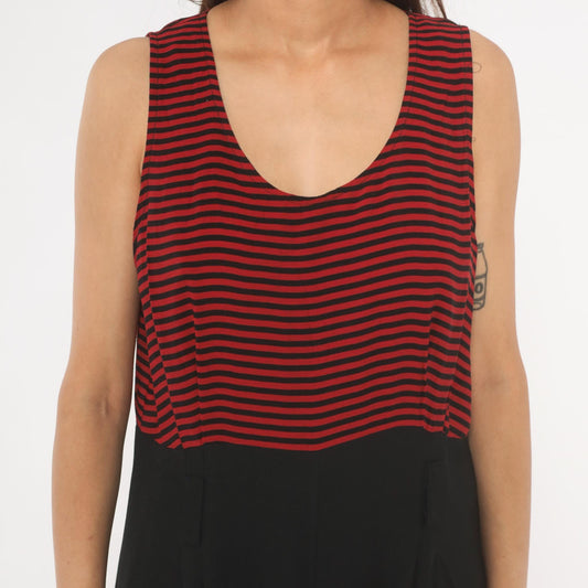 90s Red Black Striped Sleeveless Jumpsuit Wide Leg Maxi Tank Large L