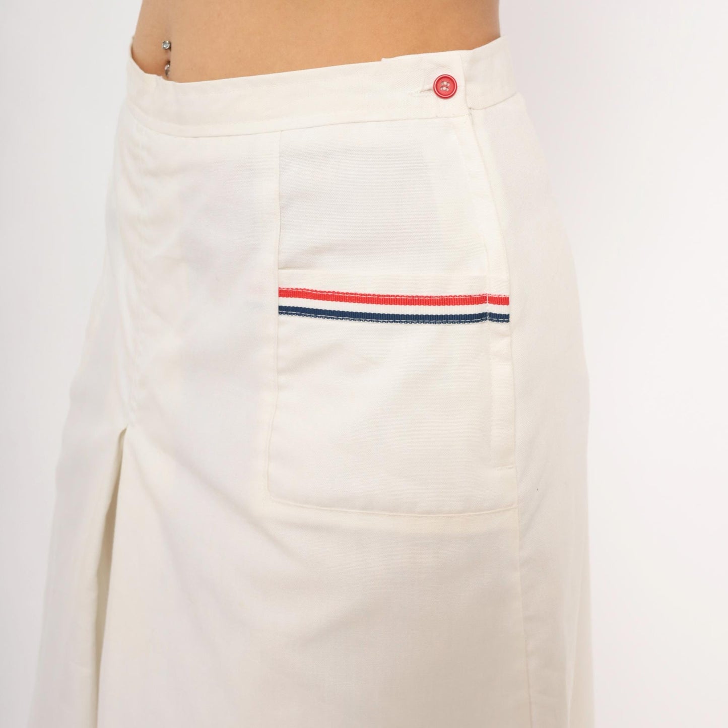70s White Pleated Culottes Red Navy Stripe Trim Cotton Preppy Medium M