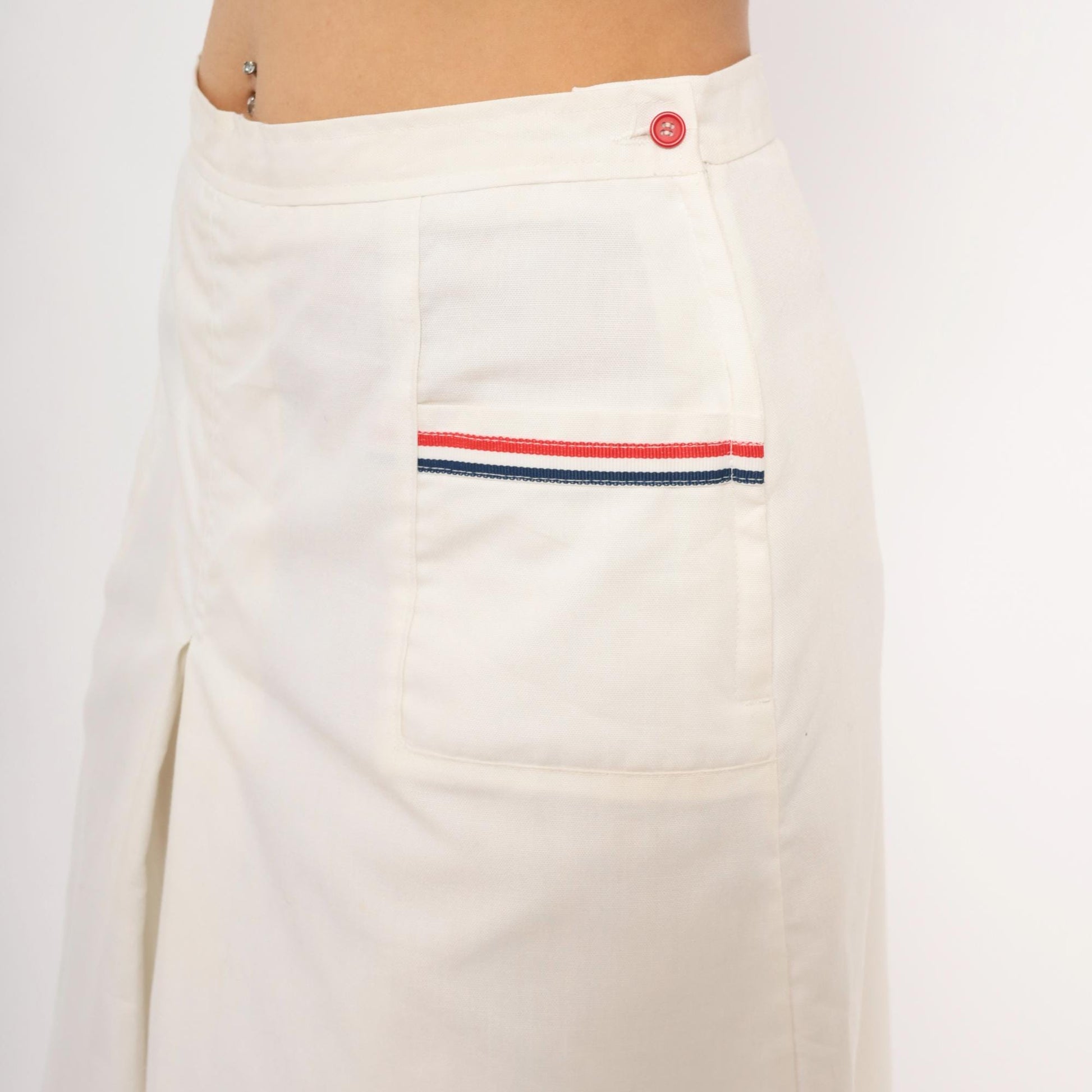 70s White Pleated Culottes Red Navy Stripe Trim Cotton Preppy Medium M