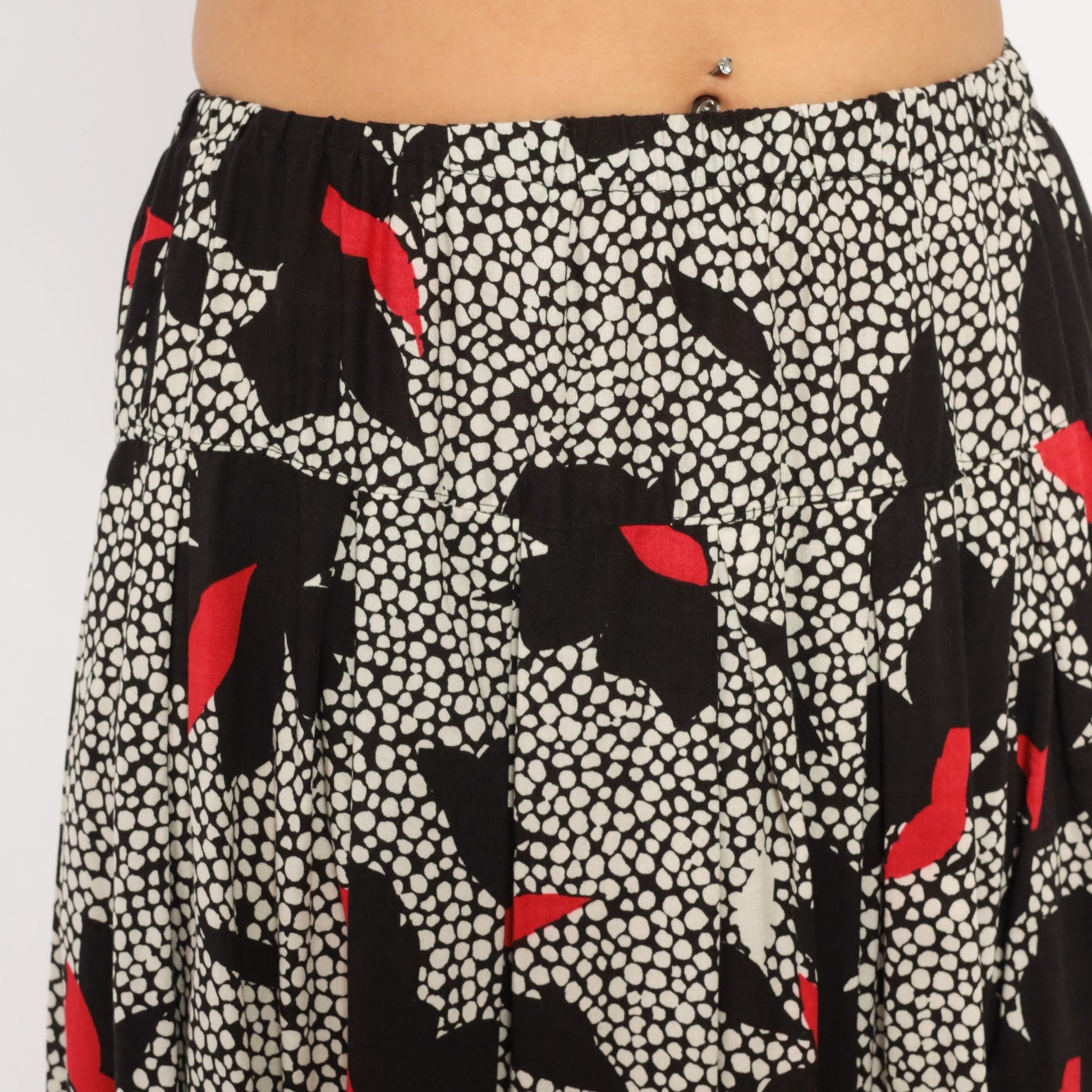 90s Jon Woods Midi Skirt Black White Floral Red Abstract Dotted Medium M