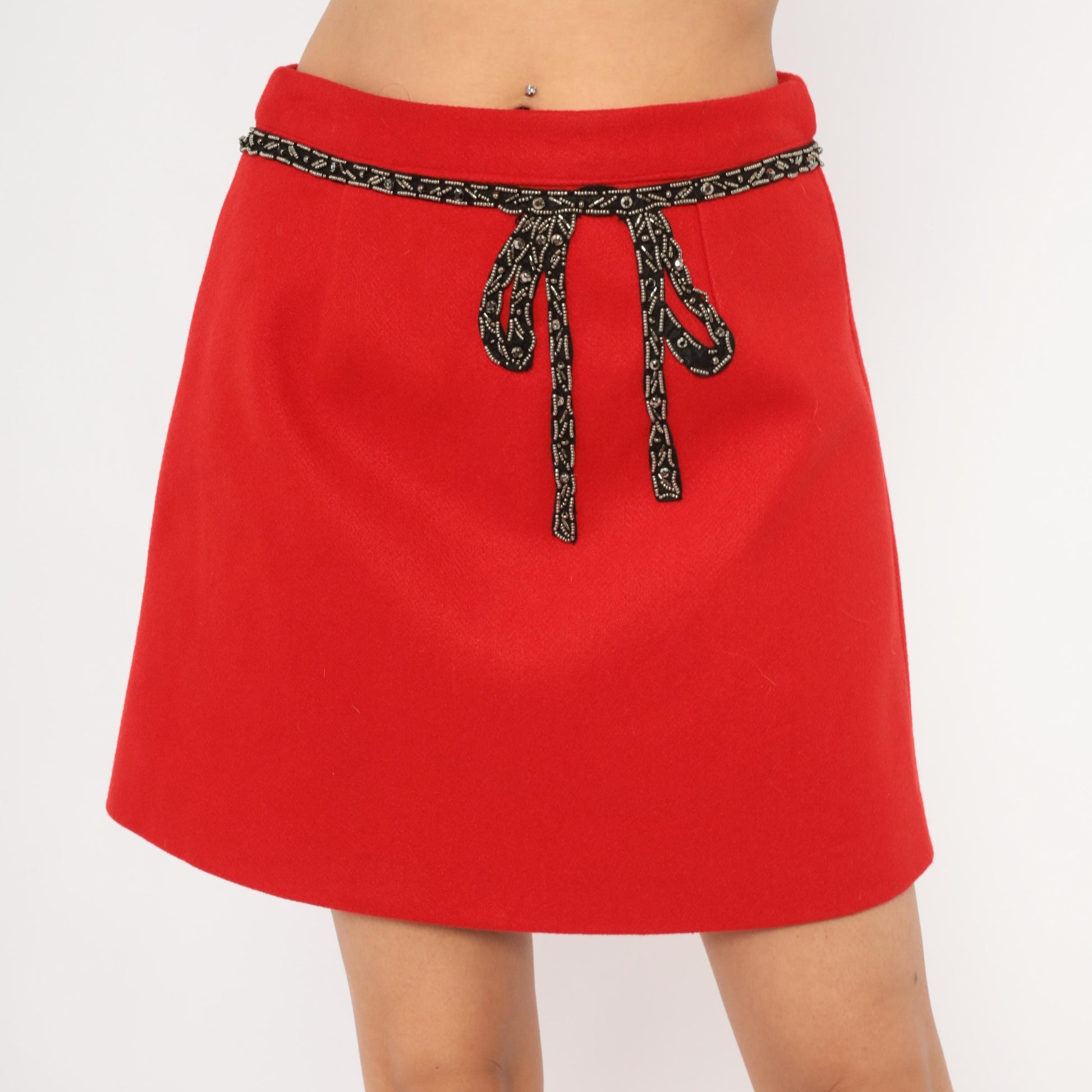 Y2K Red A-Line Mini Skirt Beaded Bow Waistband Large L