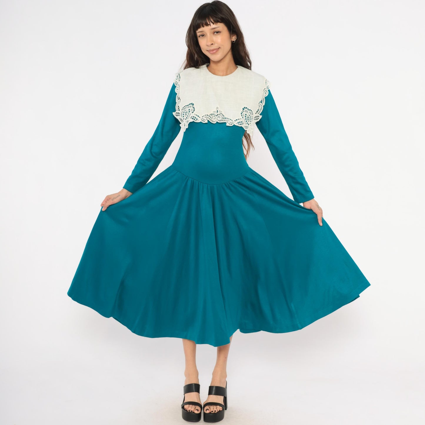 80s Expo Teal Midi Dress Cream Scalloped Lace Collar Small Medium