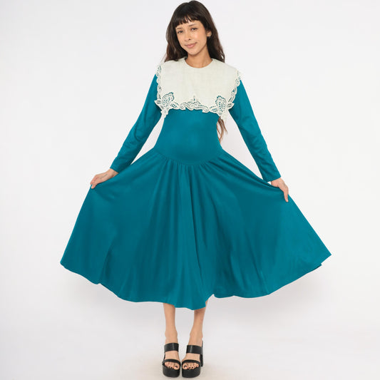 80s Expo Teal Midi Dress Cream Scalloped Lace Collar Small Medium