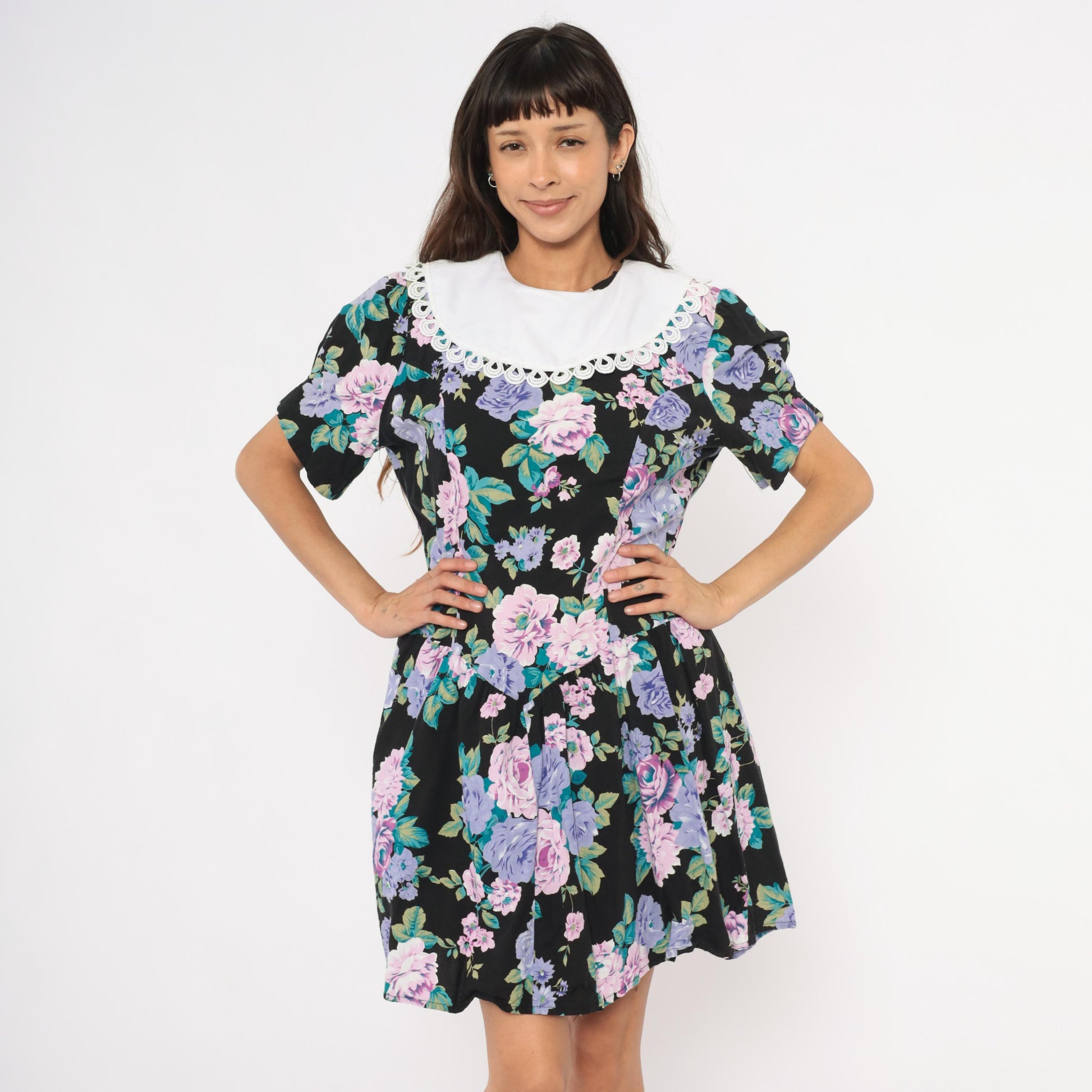 90s Ms. Basia California Floral Drop Waist Dress Black Rose Print Knee Length Large