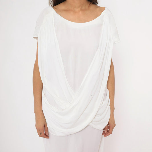 80s Police File White Grecian Midi Dress Cowl Drape Low Back Large L