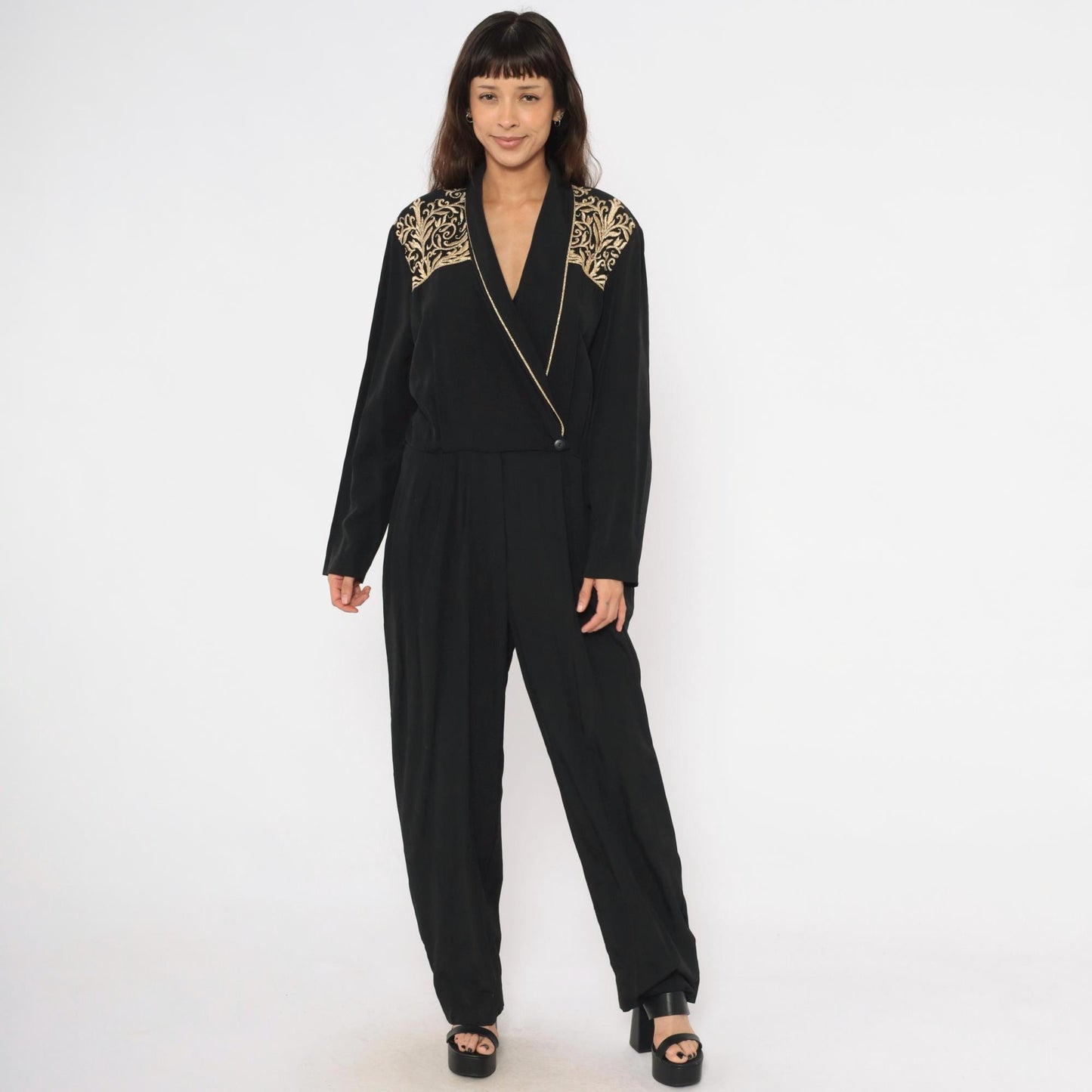 80s John Roberts Black Jumpsuit Gold Embroidered Shawl Collar Wide Leg Large L