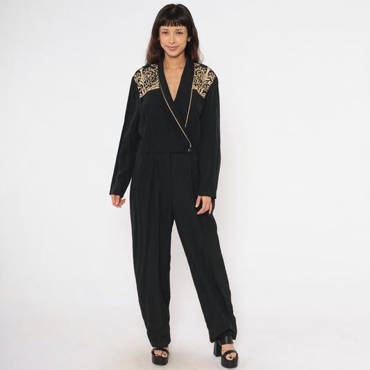 80s John Roberts Black Jumpsuit Gold Embroidered Shawl Collar Wide Leg Large L
