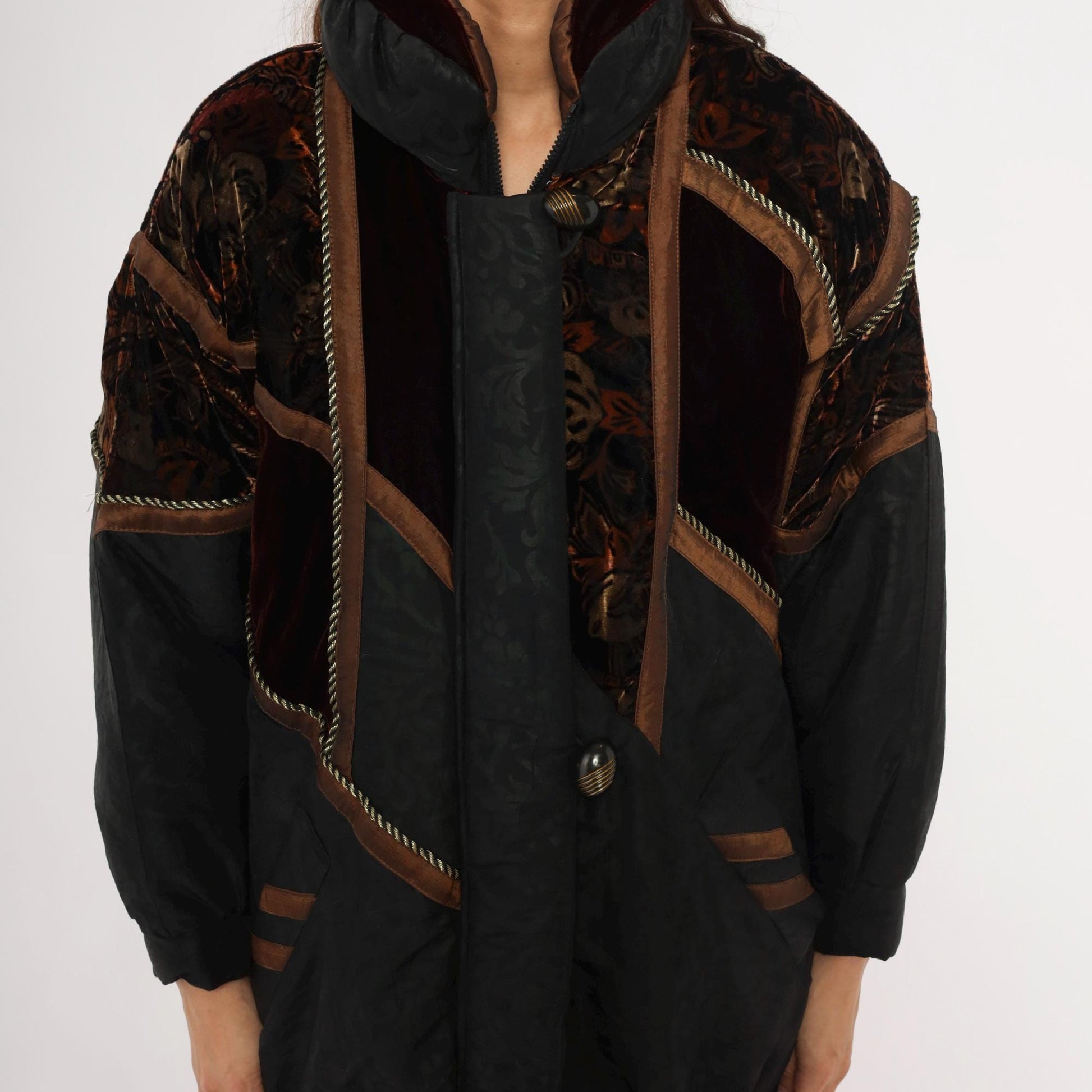 90s Frozen Dreams Velvet Patchwork Puffer Jacket Black Burgundy Extra Small