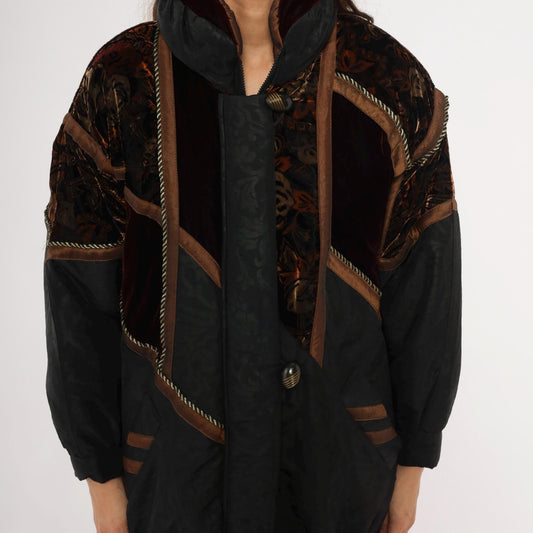 90s Frozen Dreams Velvet Patchwork Puffer Jacket Black Burgundy Extra Small